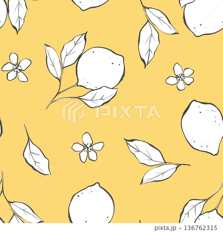 Minimalist lemon fruit and floral seamless pattern on yellow background Minimalist lemon fruit and floral seamless pattern on yellow background 136762315