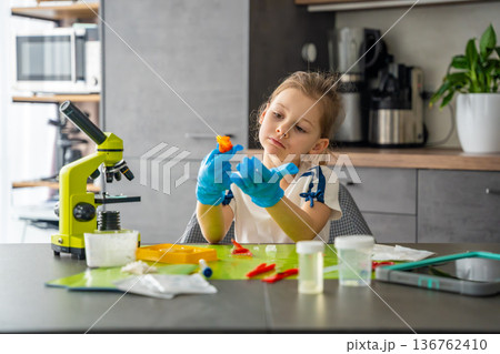 Girl wearing protective gloves examining grown crystal at table with microscope and laboratory tools. Hands on science experiment and early chemistry learning through crystal growth kit. Girl wearing protective gloves examining grown crystal at table with microscope and laboratory tools. Hands on science experiment and early chemistry learning through crystal growth kit. 136762410