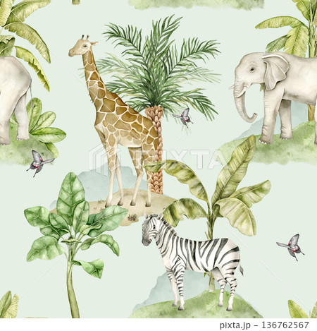 Watercolor dense seamless pattern with giraffe, elephant, zebra, palm trees and tropical foliage. Repeating safari design for textile, wallpaper, nursery decor, packaging and decorative surfaces. 136762567