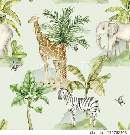 Watercolor dense seamless pattern with giraffe, elephant, zebra, palm trees and tropical foliage. Repeating safari design for textile, wallpaper, nursery decor, packaging and decorative surfaces. Watercolor dense seamless pattern with giraffe, elephant, zebra, palm trees and tropical foliage. Repeating safari design for textile, wallpaper, nursery decor, packaging and decorative surfaces. 136762568