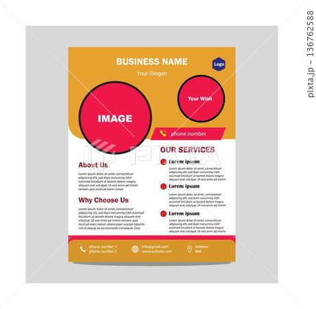 Business flyer template for company profile presentation with orange and red design elements and placeholder text for customization isolated on transparent background 136762588