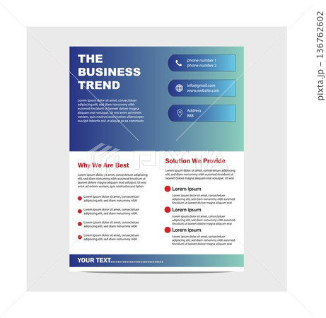 Business brochure template with blue gradient design and placeholder text for company information and services offered in a professional layout 136762602