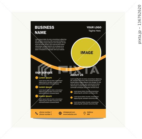 Modern black and yellow business flyer template with placeholder text and image frame isolated on transparent background 136762620