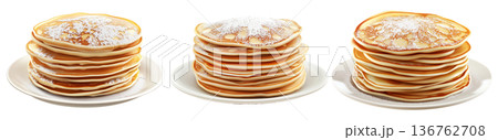 Tall stack of golden brown pancakes covered in powdered sugar, isolated on white transparent background Tall stack of golden brown pancakes covered in powdered sugar, isolated on white transparent background 136762708