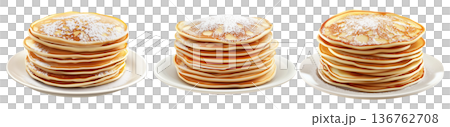 Tall stack of golden brown pancakes covered in powdered sugar, isolated on white transparent background Tall stack of golden brown pancakes covered in powdered sugar, isolated on white transparent background 136762708