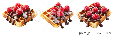 Waffle topped with fresh raspberries and drizzled chocolate syrup, isolated on white, concept of sweet dessert snack 136762709
