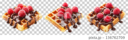 Waffle topped with fresh raspberries and drizzled chocolate syrup, isolated on white, concept of sweet dessert snack 136762709