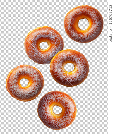 Multiple golden brown glazed donuts with powdered sugar isolated on white background. Concept of sweet treats 136762712