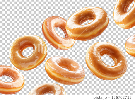 Five shiny glazed donuts floating isolated on white background, concept of sweet food and dessert temptation Five shiny glazed donuts floating isolated on white background, concept of sweet food and dessert temptation 136762713