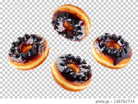 Multiple blueberry glazed donuts with shiny icing and berries scattered in a seamless pattern on white background Multiple blueberry glazed donuts with shiny icing and berries scattered in a seamless pattern on white background 136762714