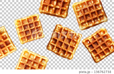 Multiple golden brown square waffles scattered randomly, isolated on white background. Concept of breakfast or snack food Multiple golden brown square waffles scattered randomly, isolated on white background. Concept of breakfast or snack food 136762738