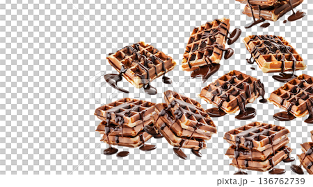 Crispy waffles generously drizzled with rich chocolate syrup, on white background. Concept of dessert, indulgence, sweetness 136762739