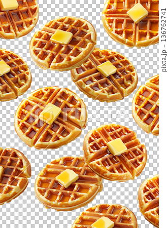 Delicious golden waffles topped with butter and syrup isolated on a white background. Concept of breakfast food 136762741