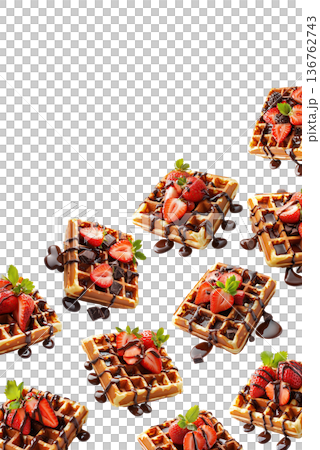 Sweet waffles with strawberries and chocolate isolated on white background, concept of tasty breakfast pattern 136762743