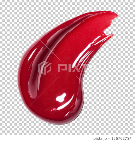 Red glossy cosmetic smear lip gloss shown isolated on white background, representing beauty and makeup product concept 136762754