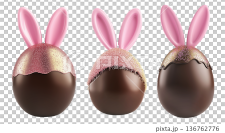 Set of Chocolate Easter egg with pink bunny ears and golden sprinkles isolated on white transparent background. 136762776