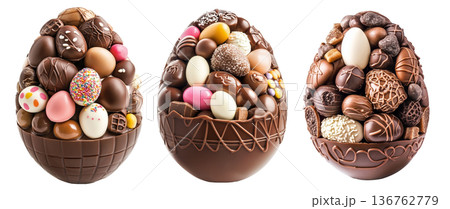 Assortment of chocolate Easter eggs in decorative chocolate shell, isolated on white transparent background. Assortment of chocolate Easter eggs in decorative chocolate shell, isolated on white transparent background. 136762779