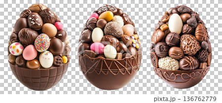 Assortment of chocolate Easter eggs in decorative chocolate shell, isolated on white transparent background. Assortment of chocolate Easter eggs in decorative chocolate shell, isolated on white transparent background. 136762779