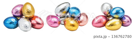 Set of Chocolate Easter eggs wrapped in metallic foil of gold, silver, pink, and blue isolated on white transparent background 136762780