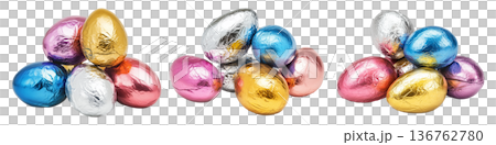 Set of Chocolate Easter eggs wrapped in metallic foil of gold, silver, pink, and blue isolated on white transparent background Set of Chocolate Easter eggs wrapped in metallic foil of gold, silver, pink, and blue isolated on white transparent background 136762780