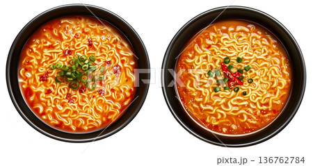 Delicious Korean ramen with boiled eggs, grilled pork, onions, and seaweed in black bowl isolated on white background 136762784