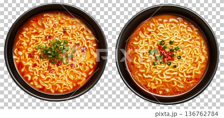 Delicious Korean ramen with boiled eggs, grilled pork, onions, and seaweed in black bowl isolated on white background 136762784