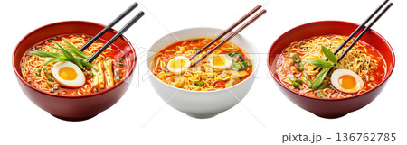 Delicious Korean ramen with boiled eggs, grilled pork, onions, and seaweed in black bowl isolated on white background 136762785