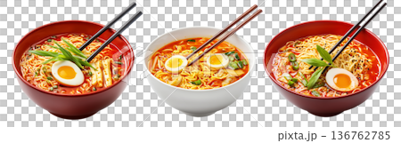 Delicious Korean ramen with boiled eggs, grilled pork, onions, and seaweed in black bowl isolated on white background 136762785