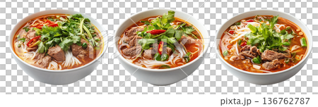 Vietnamese beef noodle soup Bun Bo Hue with herbs, lime slice, and rice noodles in broth isolated on white background Vietnamese beef noodle soup Bun Bo Hue with herbs, lime slice, and rice noodles in broth isolated on white background 136762787