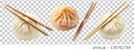 Chinese steamed buns Char Siu Bao filled with savory mushroom pieces isolated on white background Chinese steamed buns Char Siu Bao filled with savory mushroom pieces isolated on white background 136762789