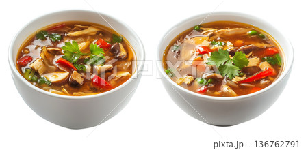 Hot and sour soup with chicken, mushrooms, bell peppers, fresh herbs in white bowl, isolated on white background Hot and sour soup with chicken, mushrooms, bell peppers, fresh herbs in white bowl, isolated on white background 136762791
