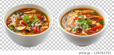 Hot and sour soup with chicken, mushrooms, bell peppers, fresh herbs in white bowl, isolated on white background Hot and sour soup with chicken, mushrooms, bell peppers, fresh herbs in white bowl, isolated on white background 136762791