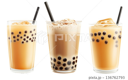 Creamy bubble milk tea with tapioca pearls in glass cup, isolated on white transparent background 136762793
