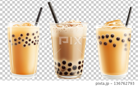 Creamy bubble milk tea with tapioca pearls in glass cup, isolated on white transparent background 136762793
