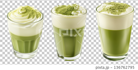 Creamy matcha latte topped with whipped cream and green tea powder in glass, isolated on a white transparent background Creamy matcha latte topped with whipped cream and green tea powder in glass, isolated on a white transparent background 136762795