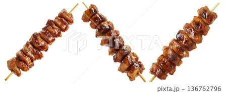 Grilled chicken yakitori skewer with teriyaki glaze or Isaw Filipino street food isolated on white transparent background 136762796
