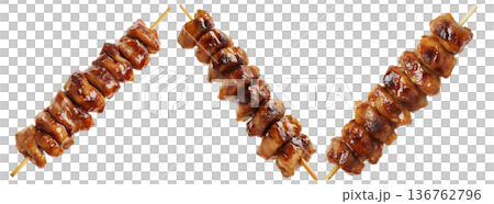 Grilled chicken yakitori skewer with teriyaki glaze or Isaw Filipino street food isolated on white transparent background 136762796