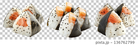 Japanese salmon onigiri rice ball wrapped in nori seaweed, isolated on white background, Asian cuisine concept Japanese salmon onigiri rice ball wrapped in nori seaweed, isolated on white background, Asian cuisine concept 136762799
