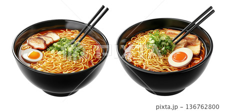 Delicious Korean ramen with boiled eggs, grilled pork, onions, and seaweed in black bowl isolated on white background 136762800