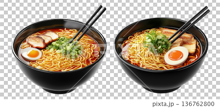 Delicious Korean ramen with boiled eggs, grilled pork, onions, and seaweed in black bowl isolated on white background 136762800