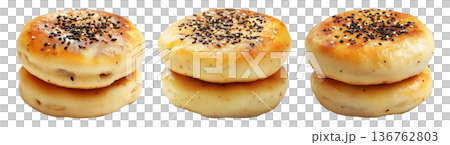 Stack of golden brown fluffy Korean Hotteok pancakes lightly dusted with powdered sugar, isolated on white background 136762803