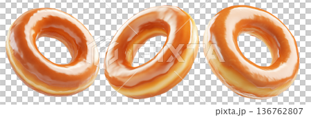 Tasty round donut topped with caramel and vanilla glaze swirl, isolated on white transparent background 136762807