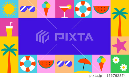 Frame with summer geometric, minimalist, beach and tropical icons, simple shapes. A shapely abstract background with symbols of summer and summer holidays. Frame with space for text and a logo. 136762874