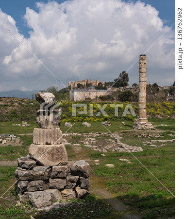 Ancient Temple of Artemis Artemision ruins with Isa Bey Mosque and Ayasuluk Castle in Selcuk, Turkey Ancient Temple of Artemis Artemision ruins with Isa Bey Mosque and Ayasuluk Castle in Selcuk, Turkey 136762962