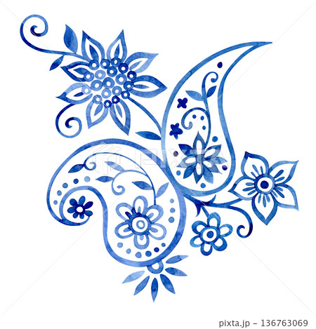 Oriental floral and paisley ornament. Blue watercolor patterns Oriental floral and paisley ornament. Blue watercolor patterns 136763069