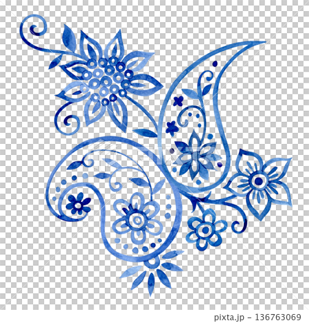 Oriental floral and paisley ornament. Blue watercolor patterns Oriental floral and paisley ornament. Blue watercolor patterns 136763069
