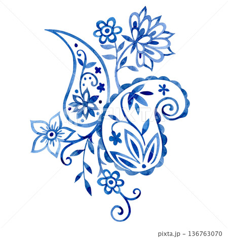Oriental floral and paisley ornament. Blue watercolor patterns 136763070