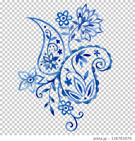 Oriental floral and paisley ornament. Blue watercolor patterns 136763070