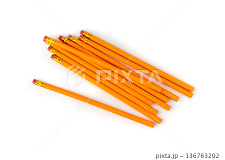 Pencils with a rubber isolated. Unsharpened yellow wooden graphite pencils Pencils with a rubber isolated. Unsharpened yellow wooden graphite pencils 136763202