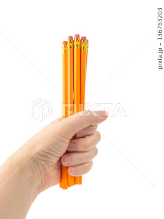 Pencils with a rubber isolated. Unsharpened yellow wooden graphite pencils Pencils with a rubber isolated. Unsharpened yellow wooden graphite pencils 136763203